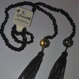 Dorothy Black Chain Lariat Necklace Crystal Bead Accents 6 Inch Tassels 28 Inch